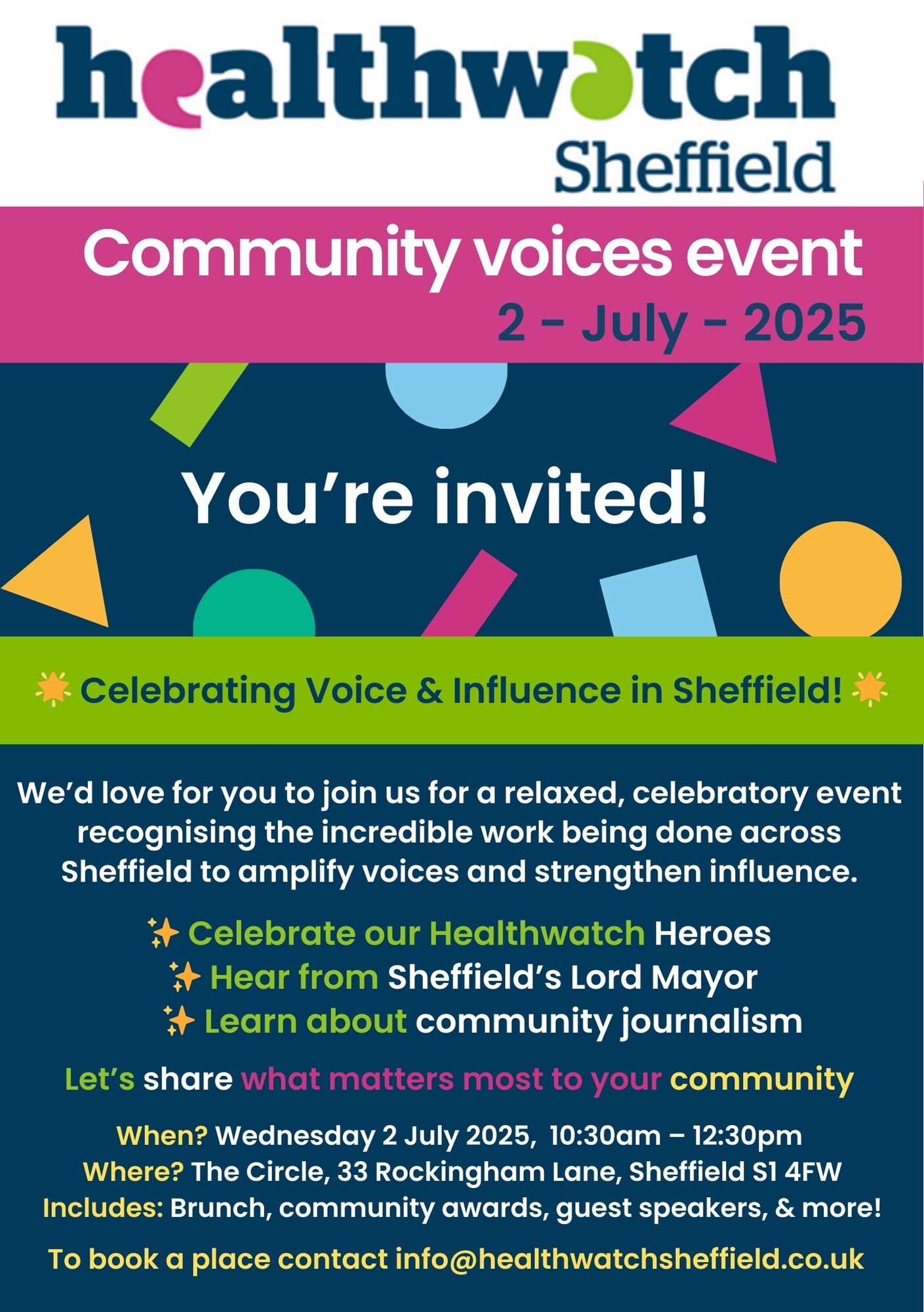 Image is of the event flyer for the Community Voices Event which includes information like the date, time, and event outline