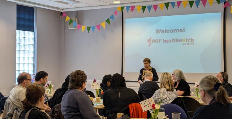 Strategic Advisory Group chair giving speech at Healthwatch Sheffield 10-year contract launch event