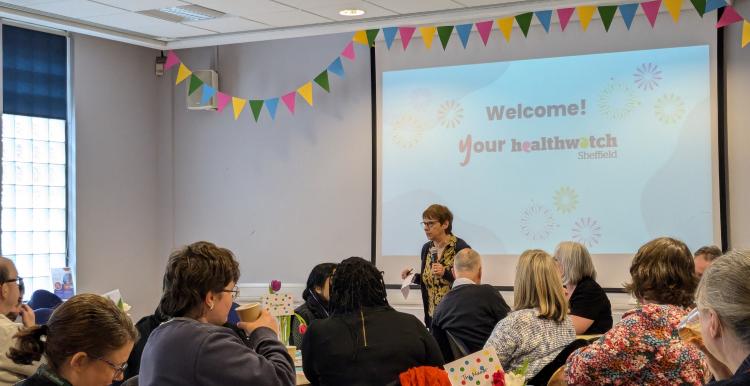 Strategic Advisory Group chair giving speech at Healthwatch Sheffield 10-year contract launch event